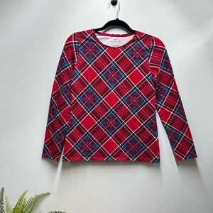 Talbots Women’s The Talbots Tee Petite Red Holiday Plaid Long Sleeve Tee SP EUC